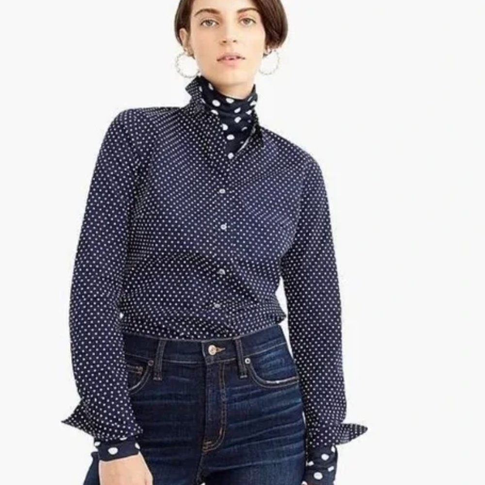 J.Crew S Factory Classic Perfect Shirt Button Down Navy Polka Dots Cotton